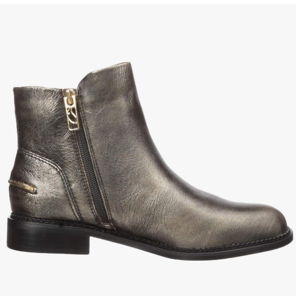 Franco Sarto Women's Happily Ankle Gold Leather Almond Toe Stacked Heel Booties - Picture 2 of 12